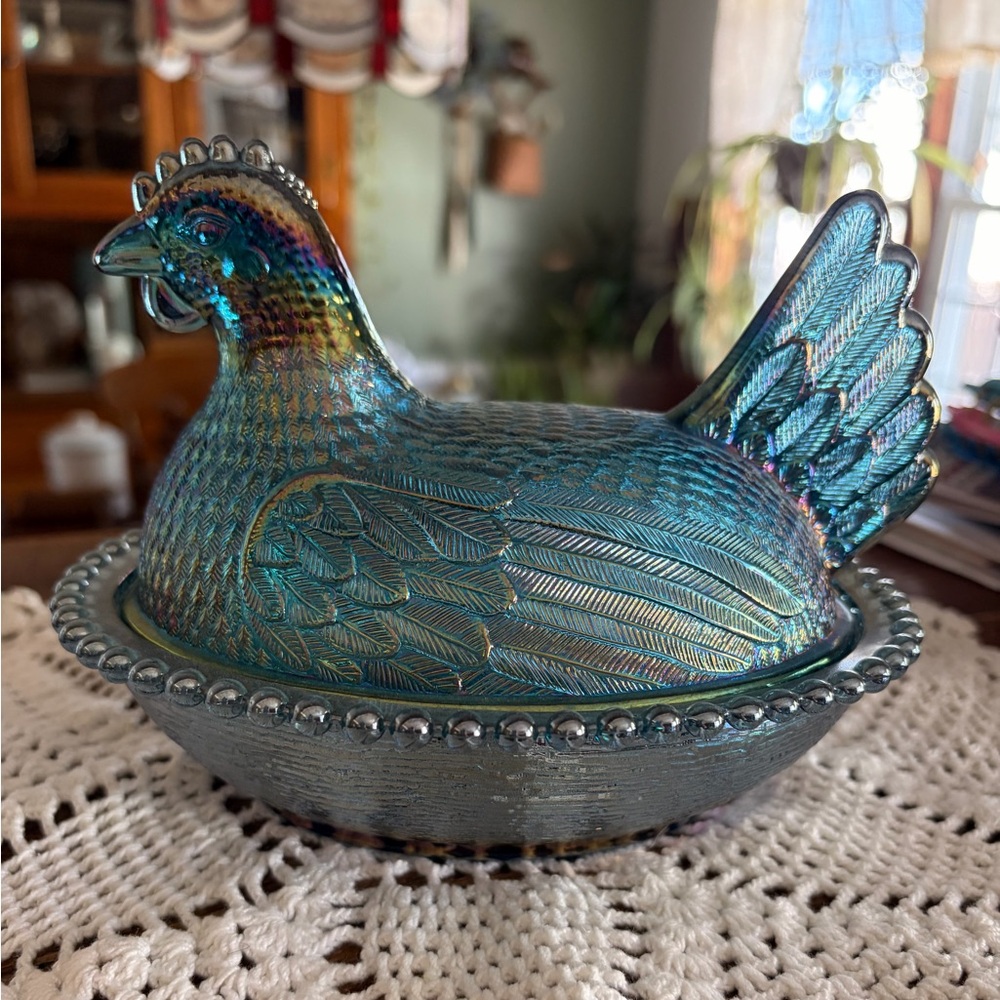Indiana Iridescent Blue Carnival Glass Hen on Nest Dish
